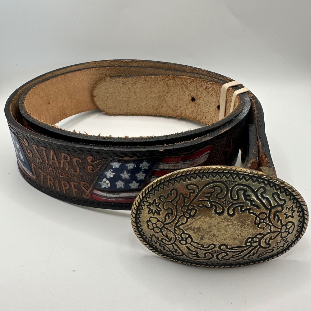 Brushy Creek Mens 38 Leather Belt USA Stars & Stripes Flag Western Brass Buckle